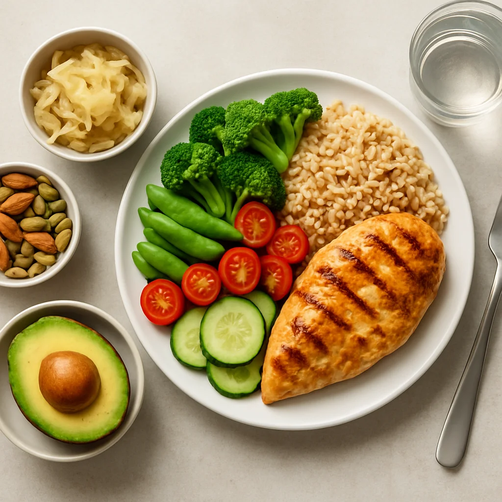 Body recomposition meal plan chart for fat loss and muscle gain with macro-balanced foods