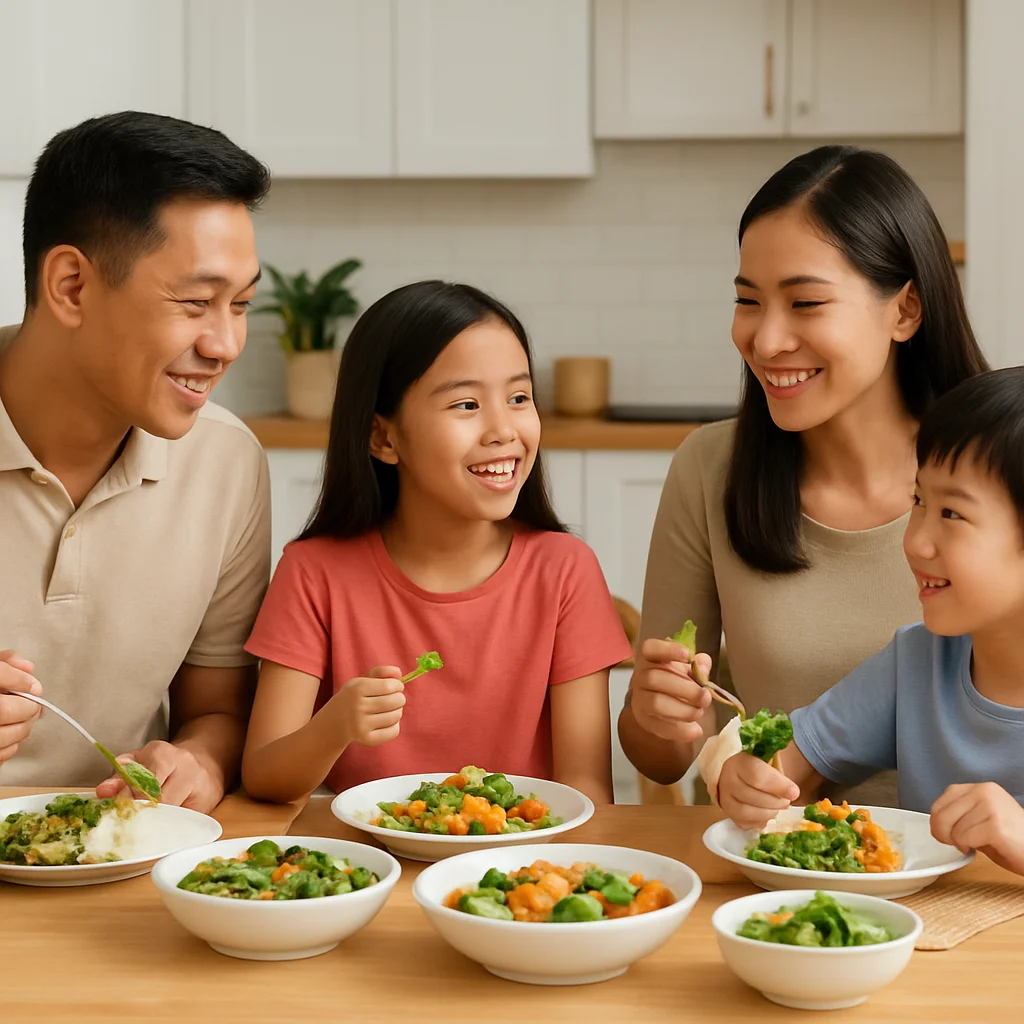 Family dinner spread of healthy weeknight meals with fresh ingredients on the table