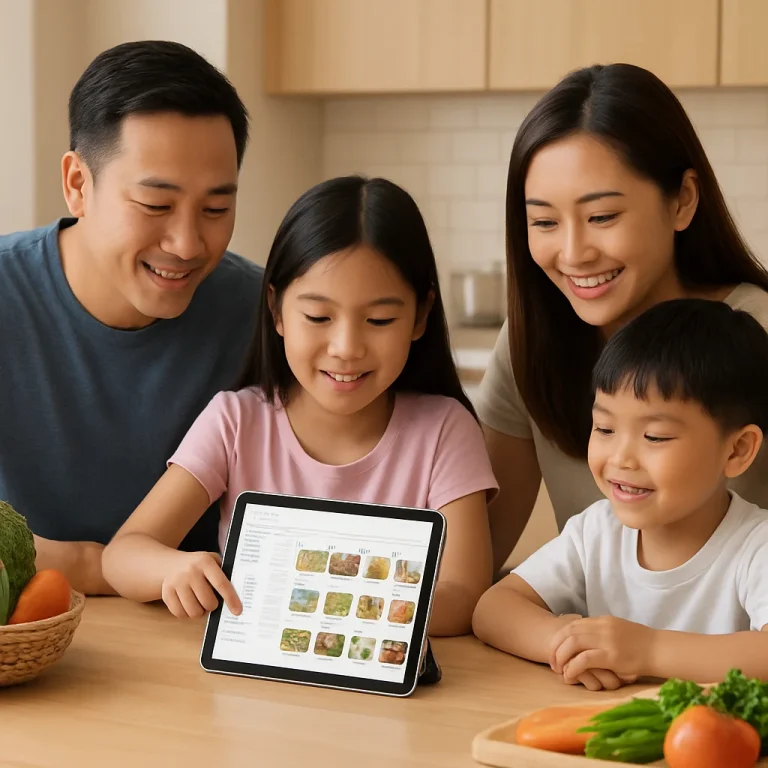 Family meal planning app showing weekly meals and grocery list for healthier eating