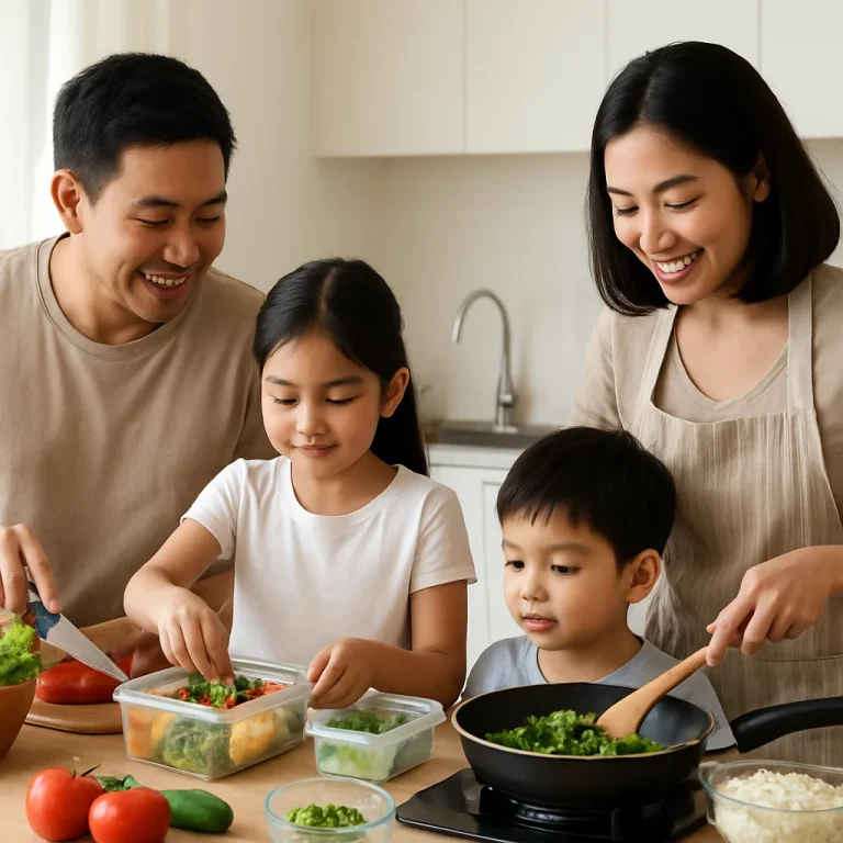 Family meal prep with healthy Singaporean dishes and fresh whole foods in meal containers