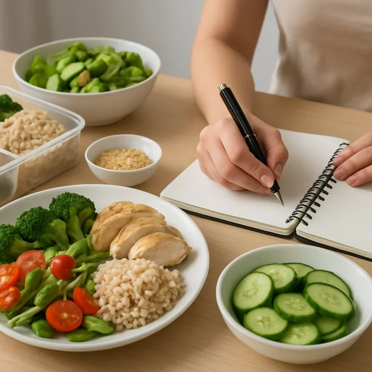 Healthy meal planning setup with balanced whole foods and meal prep containers for busy people