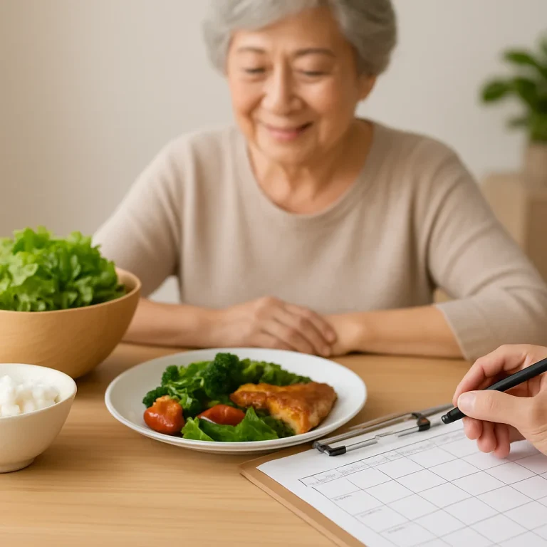 Senior meal planning with simple healthy Singaporean dishes on a table