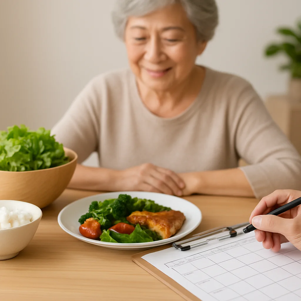 Senior meal planning with simple healthy Singaporean dishes on a table