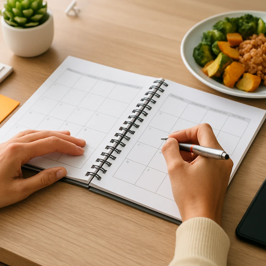Illustration of a monthly life admin system planning board with calendar, checklist, and folders to reduce stress