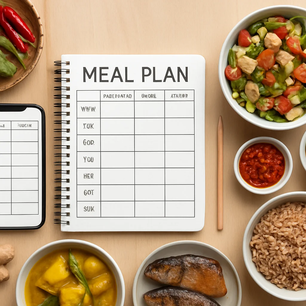 Weekly meal planning system with calendar, grocery list, and prepared meals for stress-free nutrition management