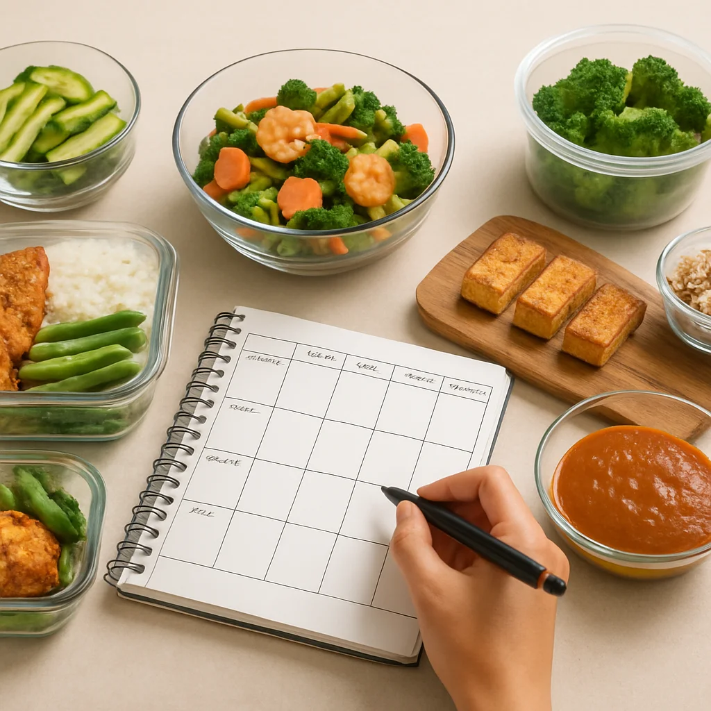 Weekly meal prep planner for families with sections for meals, groceries, and nutrition tracking