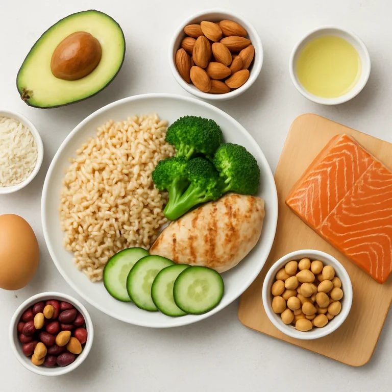 Illustration of macro nutrients in a balanced meal with healthy whole foods and nutrition labels