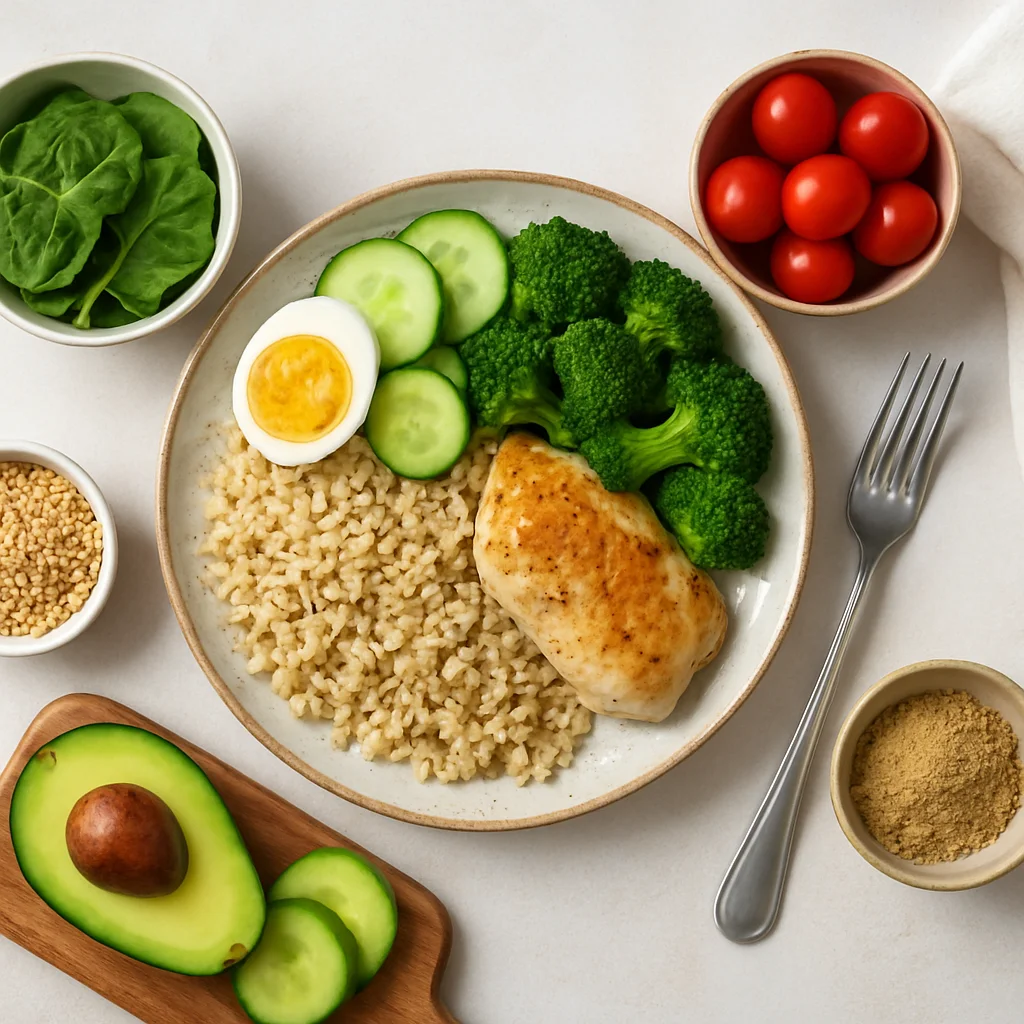 Whole food meal plan graphic for healthy weight loss and macro-based nutrition