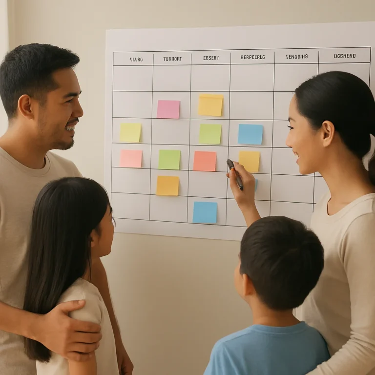 Family wall calendar with meal plans and family schedules in a tidy home kitchen