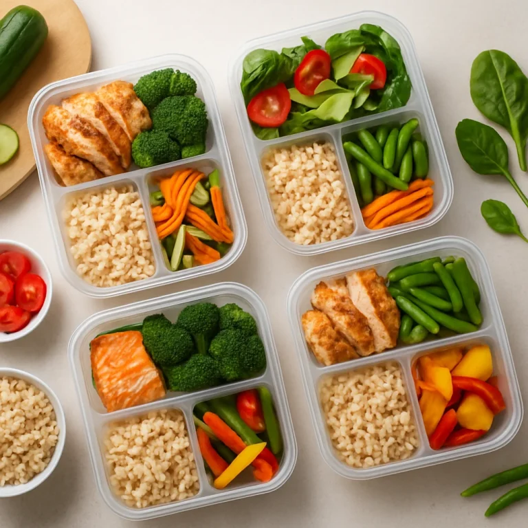 Meal prep containers with balanced whole foods for a busy weekly nutrition plan