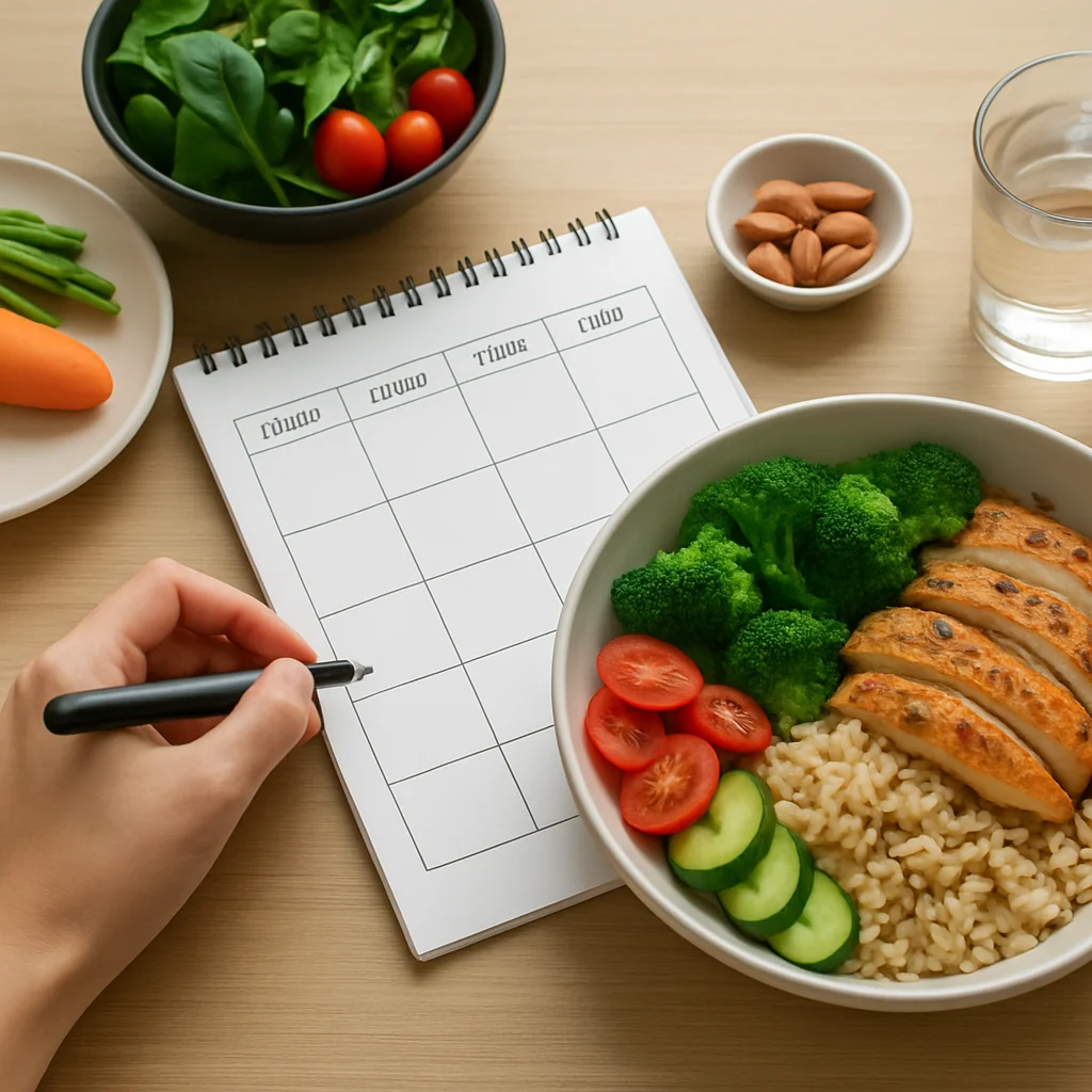 Weekly meal planning checklist beside healthy food containers and a planner for an easier Monday reset