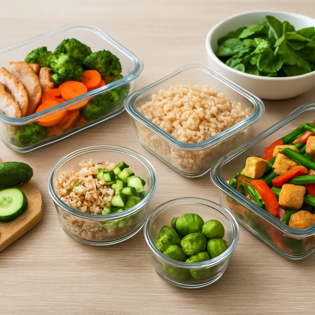 Meal prep containers with healthy weekday meals and a beginner guide title