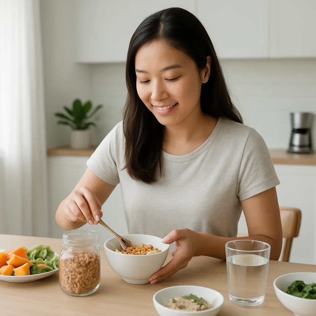 Notebook and coffee beside a morning routine checklist with healthy meal prep items