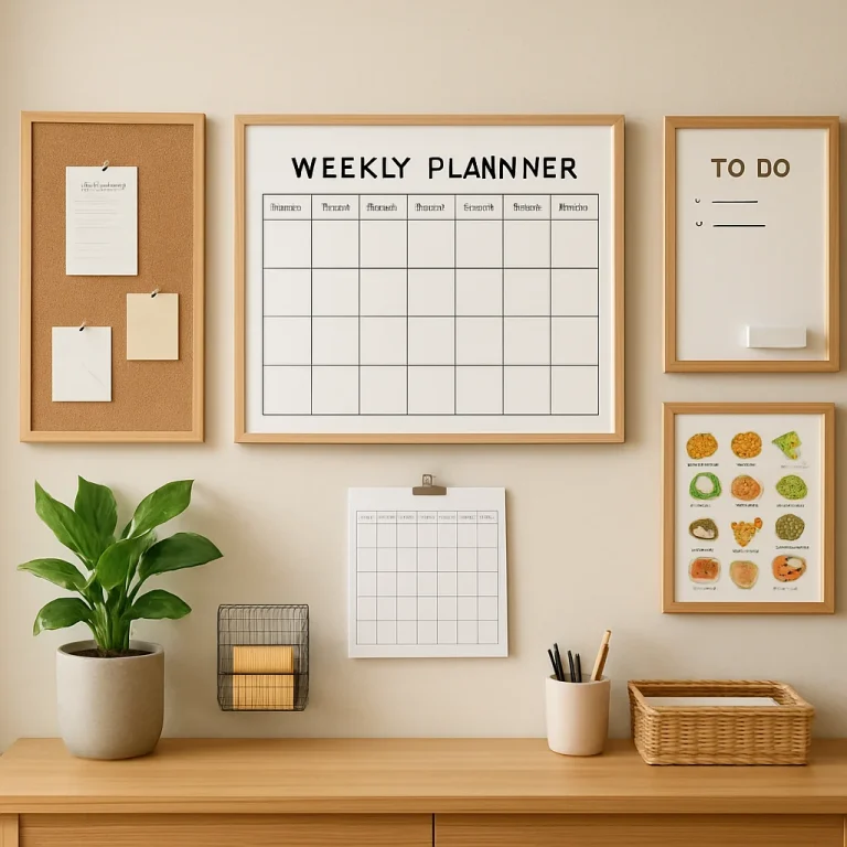 Family command center with calendar, notes, and meal planner on a kitchen wall