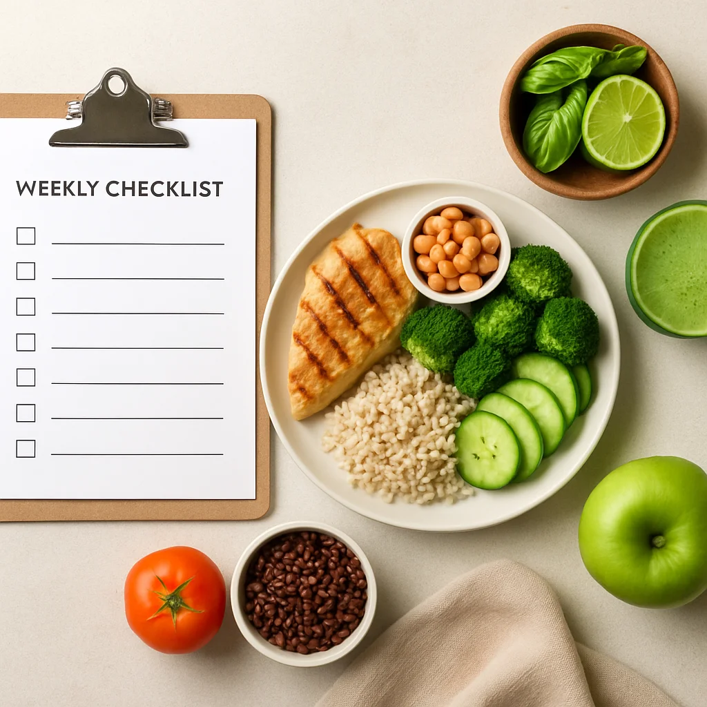 Weekly reset checklist for a calm productive week with meal planning and macro tracking focus