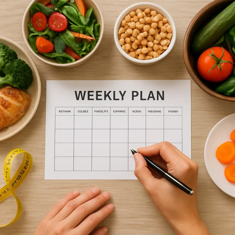 Weekly planning system for busy people with nutrition-focused meal schedule and macro tracking layout