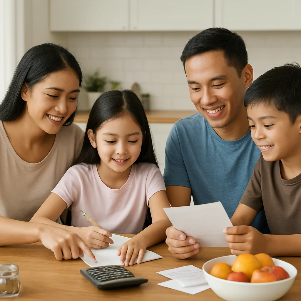 Family budget planning chart with monthly income, expenses, and savings goals to help manage household finances