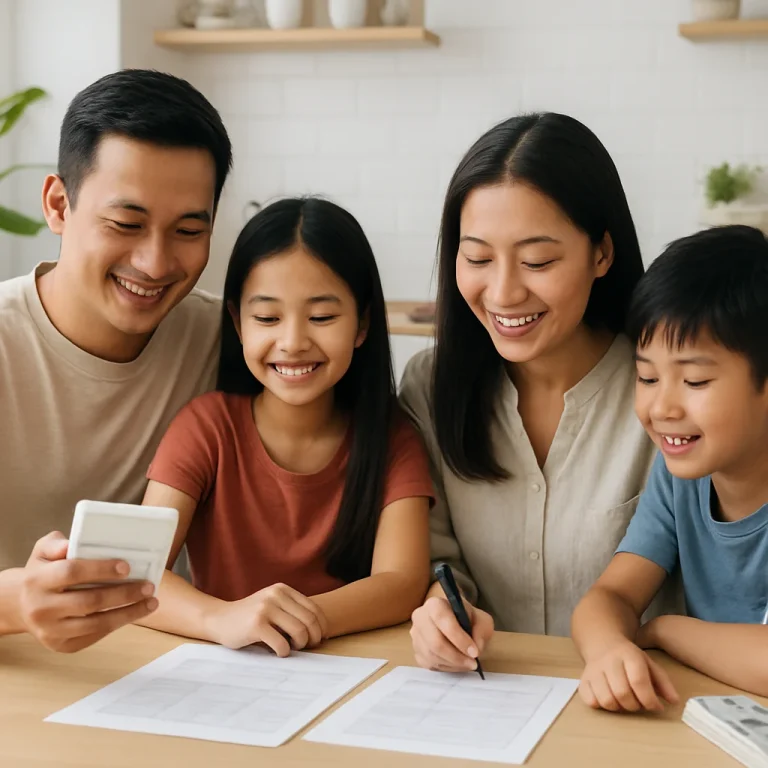 Family budgeting guide illustration with a family saving money and managing expenses simply