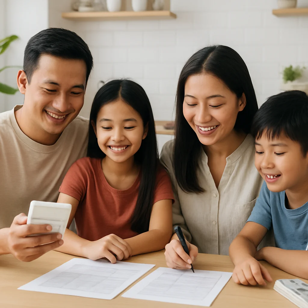 Family budgeting guide illustration with a family saving money and managing expenses simply