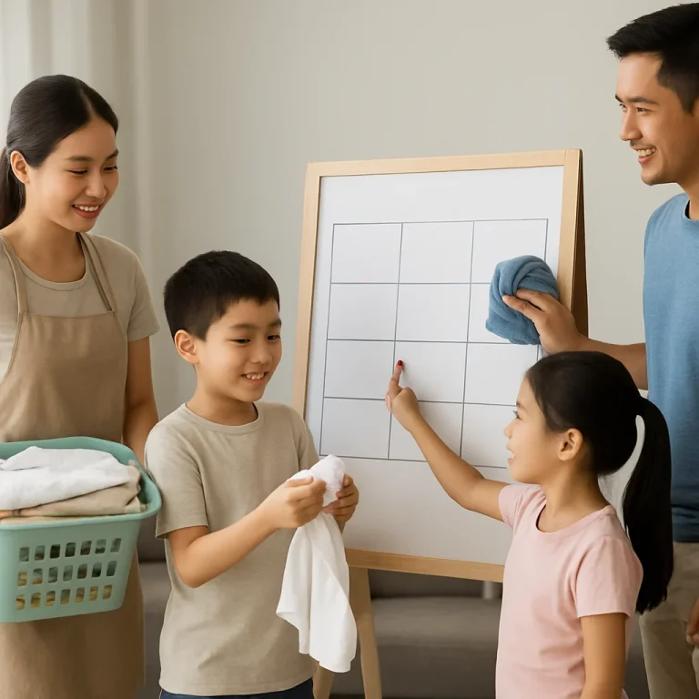 Family chore system checklist with weekly tasks and family members assigned to responsibilities