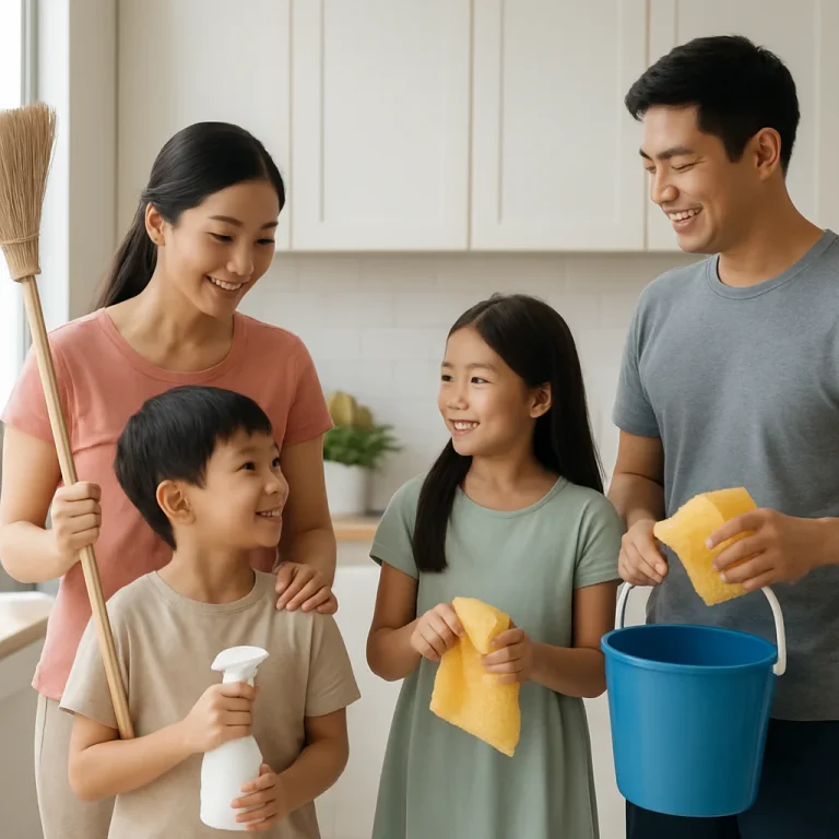 Family chore system infographic with checklist and family members organizing household tasks