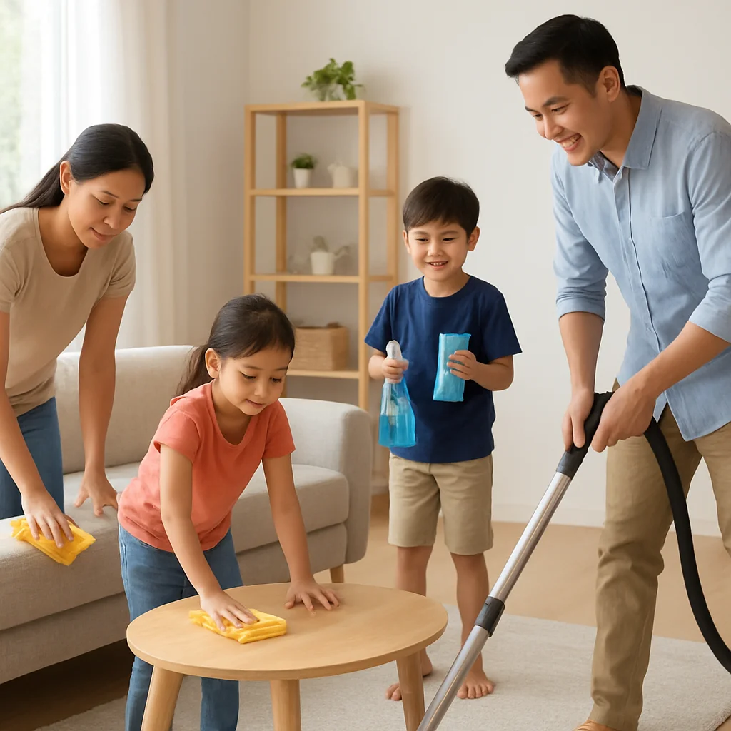 Family cleaning system checklist with a tidy home and organized chores calendar
