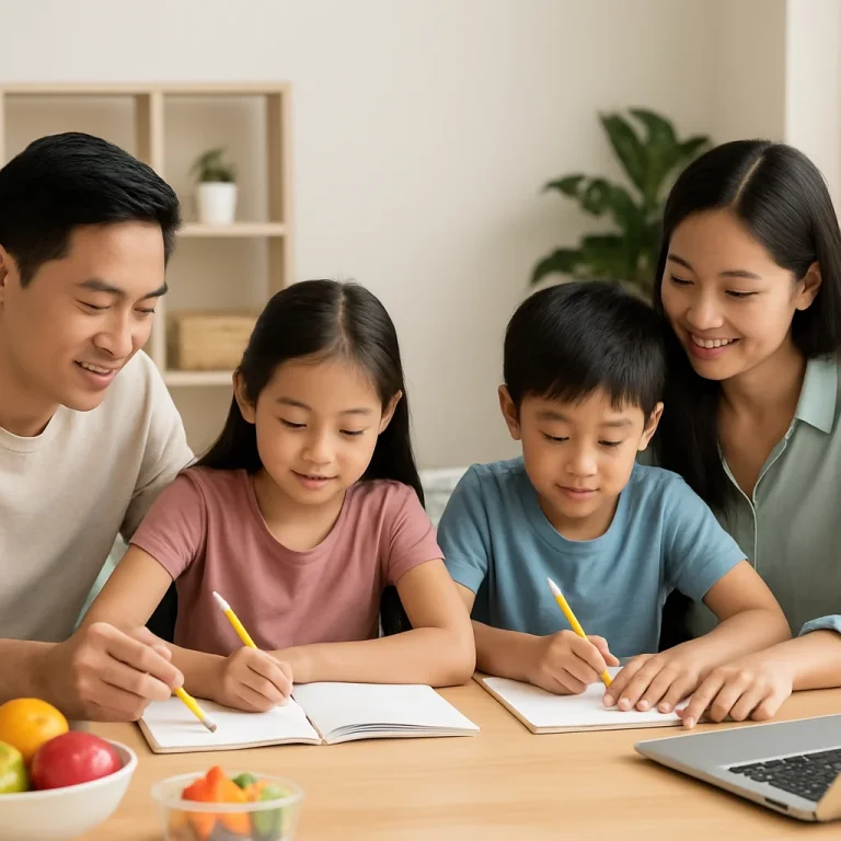 Illustrated guide title about creating a family homework system to reduce stress and improve focus