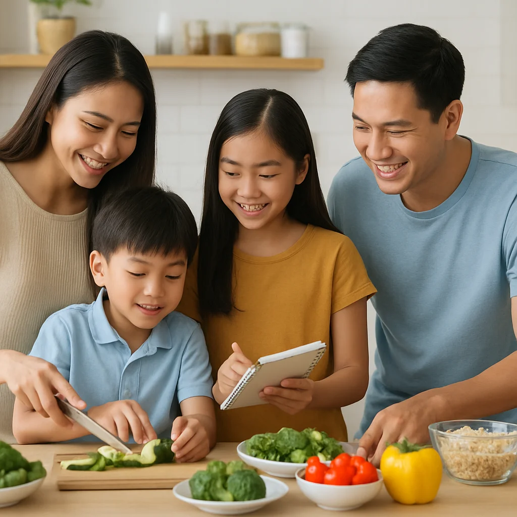 Illustration of a family meal planning system with calendar, grocery list, and prepared meals for organized healthy eating