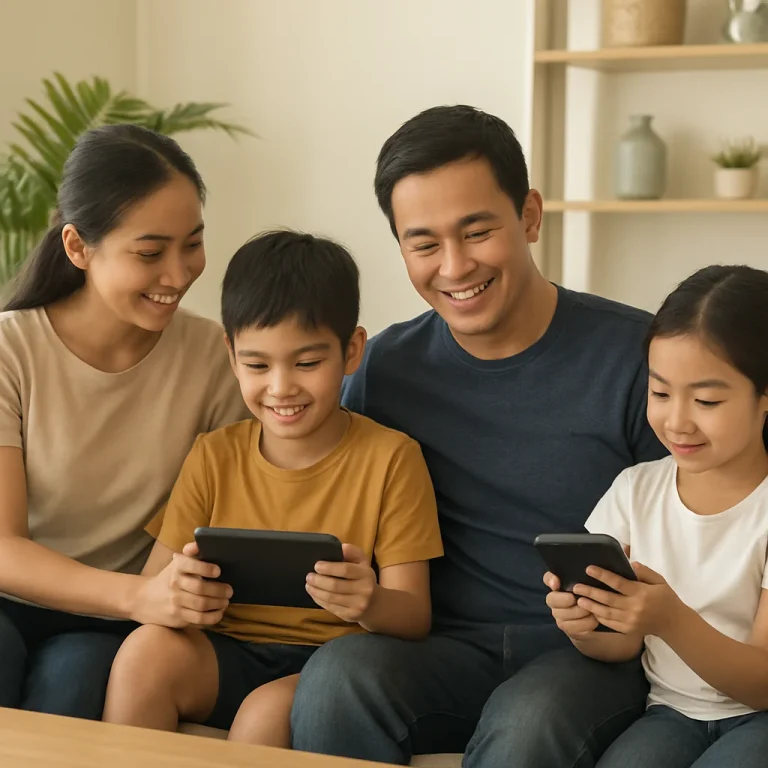 Family screen time chart with parents and children setting rules and using devices together