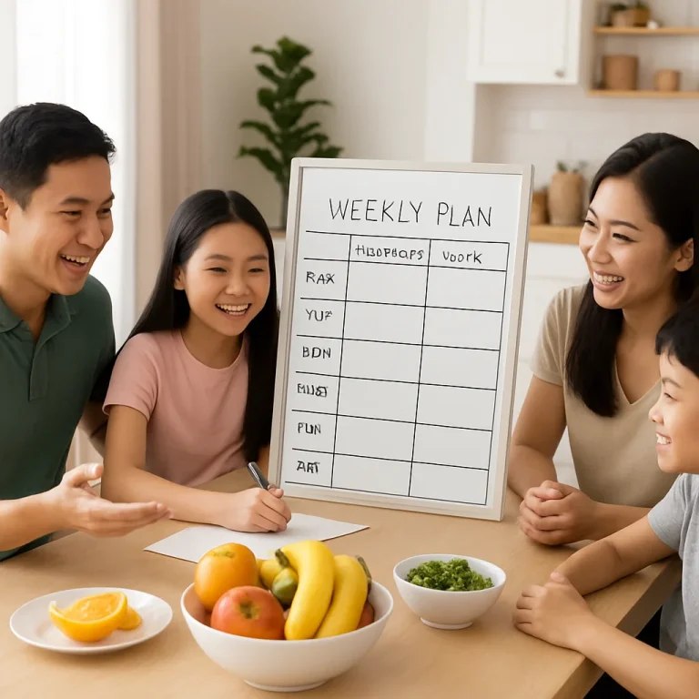Family weekly planning meeting checklist with calendar, notes, and meal plan on a kitchen table