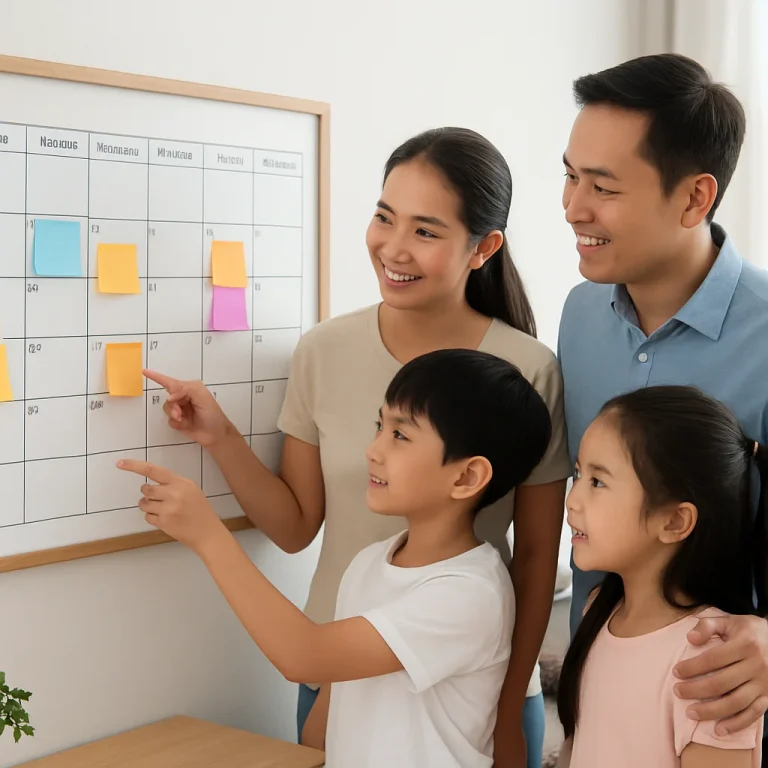 Family calendar planning setup with highlighted dates and shared schedules on a wall calendar